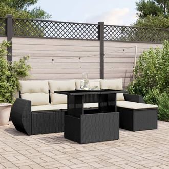 vidaXL Vidaxl - Set De Sof&aacute;s De Jard&iacute;n 6 Piezas Y Cojines Rat&aacute;n Sint&eacute;tico Negro