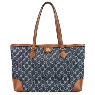 Gucci Brown Dark Blue Denim Leather Tote Bag (Pre-Owned)