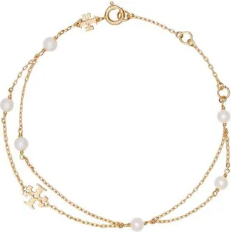 Tory Burch Kira Faux Pearl Layered Bracelet in Tory Gold/cream at Nordstrom