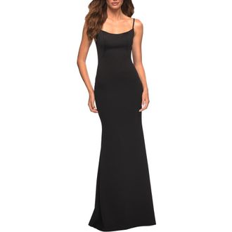 La Femme Simple Elegant Long Jersey Dress with Scoop Neck in Black at Nordstrom, Size 12