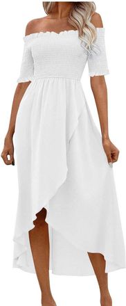 Generic Off The Shoulder Dresses for Women UK Smocked Sexy Cold Shoulder Long Dresses Summer Beach Holiday Casual Flowy Dress Solid Irregular Short Sleeve Loo