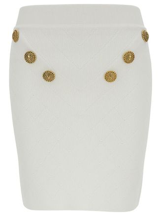 Balmain White Mini Pencil Skirt With Jewel Buttons In Viscose Blend Woman