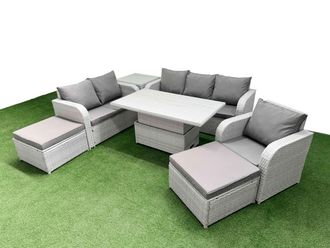 Fimous Patio PE Wicker 8 Seater Outdoor Rattan Furniture Sofa Sets w/ Adjustable Lifting Dining or Coffee Table Reclining Chair Loveseat Sofa 3