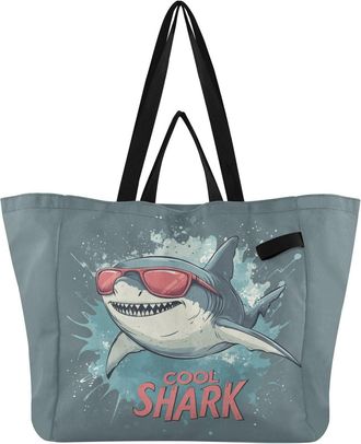 Generic Cool Shark Gray pattern Reusable Canvas Tote Bag, Heavy Duty Grocery Shopping Bag with Hard Bottom Double Handles Large Capacity Work Groceries Travel