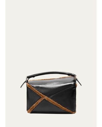 Loewe Puzzle Aviator Shearling-Trim Top-Handle Bag