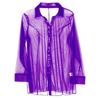 Generic Womens Sexy Sheer Mesh Button Down Shirt Long Sleeve See Through Lingerie Top for Indoor Wear with Stylish Design (Purple, XXL)