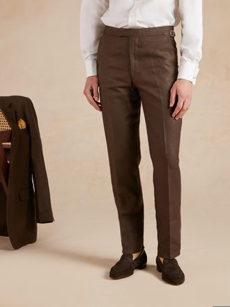 Oliver Brown Flat Front Linen Trousers - Dark Brown