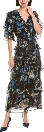 Marchesa Printed Silk-Blend Ruffle Midi Dress