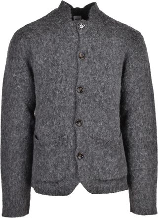 Aspesi Grey Textured Knit Crew Neck Wool Cardigan