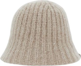 Brunello Cucinelli Cashmere Diamond-yarn Rib-knit Bucket Hat - Dames - Hoeden - Beige - L - Polyester - Accessoires