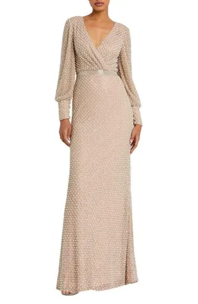 Mac Duggal Wrap Over Bishop Sleeve Pearl Beaded Gown in Ivory Beige at Nordstrom, Size 12