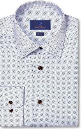David Donahue Trim Fit Geometric Print Cotton Herringbone Dress Shirt in White/Chocolate at Nordstrom Rack, Size 14.5 - 32/33