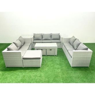 Fimous Rattan Garden Outdoor Furniture Set 12 Seater Garden Sofa Oblong Coffee Table Set with 3 Footstools Side Table Light Grey Mixed - Fimous