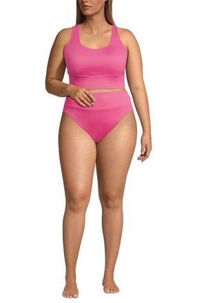 Lands End Plus Size Tugless Midkini Top and High Waisted Bottom Swimsuit Set in Pink Ottoman at Nordstrom, Size 2X