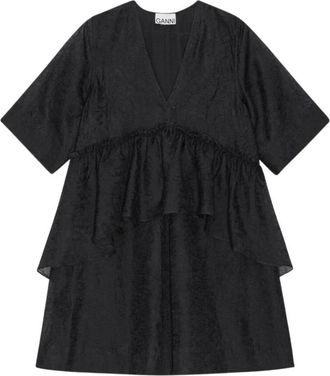 Ganni Kleedjes, Dames, Zwart, L, Katoen, Gekreukte Georgette Flounce Mini Jurk