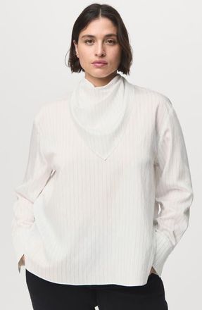 Mango Pinstripe Long Sleeve Shirt with Scarf in White at Nordstrom, Size 16