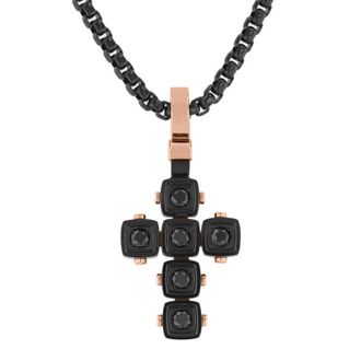 Robert Alton Stainless Steel Black Spinel Black & Rose Finish Cube Design Cross Pendant