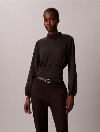 Calvin Klein Womens Satin Smocked Waistband Blouse - Black - XS