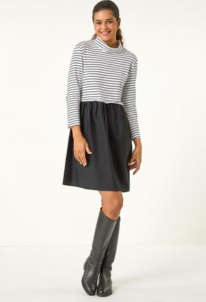 Roman Stripe Print High Neck Smock Dress
