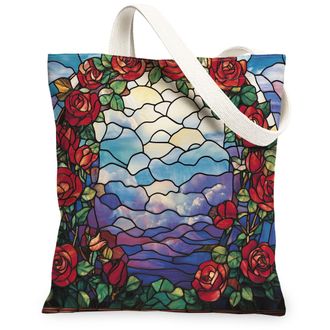 Generic Stained Glass Rose Flower Canvas Tote Bag for Shopping 13x15, Cool Floral Garden Reusable Grocery Print Pattern Bag for Women Men, Fun Wildflower Aest