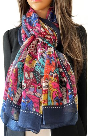 The Accessory Co. Cat Print Womens Scarf - Lightweight Cotton Shawl Wrap, Fun Cat Design, Ideal for Spring, Summer, Autumn & Winter - Perfect for Birthdays, Mothers Day