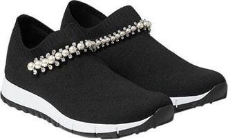 Jimmy Choo London Verona Black Knit Trainers with White Pearl and Crystal Detailing Size 37