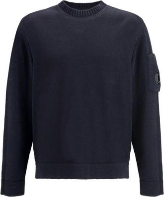 C.P. Company Round-neck Knitwear, male, Blue, Size: S Cotton Crew Neck Sweater with Sleeve Pocket