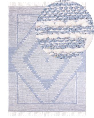 Beliani Tappeto In Cotone E Lana Con Nappe Bianco Blu 140 X 200 Cm Ansar