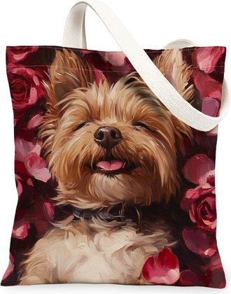Generic Valentines Day Labradoodle Dog Canvas Tote Bag for Shopping 13x15, Lover Rose Puppy Reusable Grocery Print Bag for Women, Pet Beach Aesthetic Painting