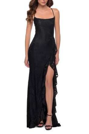 La Femme Stretch Lace Dress with Ruffle Skirt Detail and Slit in Black at Nordstrom, Size 12