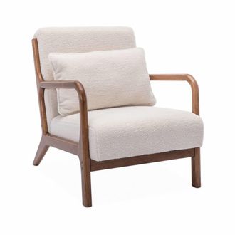 Sweeek Sill&oacute;n escandinavo de borreguito y madera de hevea, crema
