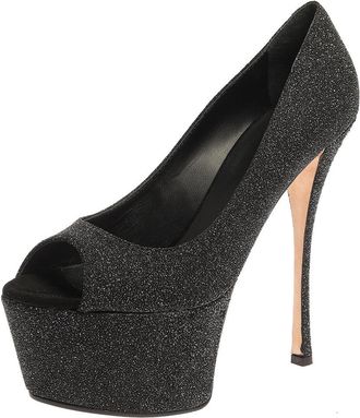 Giuseppe Zanotti Black Glittered Suede Open Toe Platform Pumps