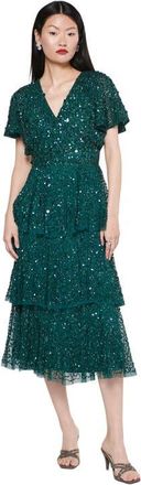 Beauut Occasion Embellished Sequin Beaded Short Sleeves Evening Midi Dress in Emerald Green at Nordstrom, Size 10