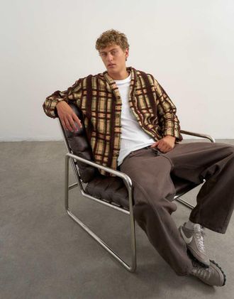 Topman cardigan a quadri in pile borg vestibilit&agrave; squadrata marrone