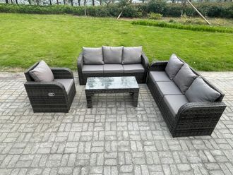 Fimous Patio Garden Furniture Sets 7 Seater Wicker Outdoor Rattan Furniture Sofa Sets with Rectangular Coffee Table Reclining Chair in Dark Grey