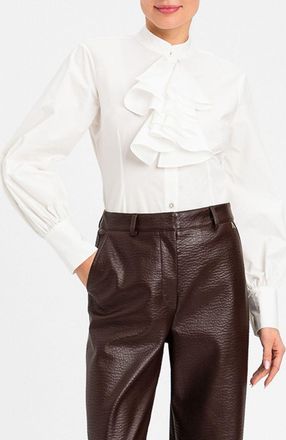 Twin-Set Cotton Poplin Shirt with Mandarin Collar and Ruffles
