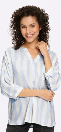 Heine Druckbluse HEINE, Damen, Gr. 34, ecru, himmelblau, gestreift, 100% Viskose, bedruckt, gemustert, gestreift, mehrfarbig, Rundhals, Blusen Druckbluse