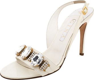 Gina White Leather Crystal Embellished Slingback Sandals