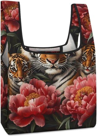 Generic Tiger Mom with Flower Shopping Bag Reusable Grocery Tote Bag Foldable Handbag for Travel Picnic