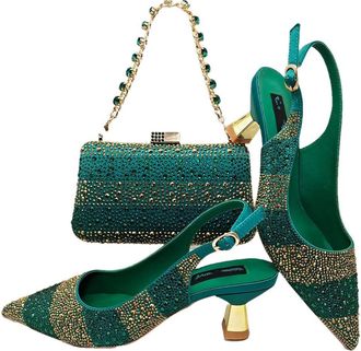 Generic Womens Satin Pointy Toe Pumps and Clutch Bag Set Sparkly Rhinestone Decoration for Evening Party Wedding