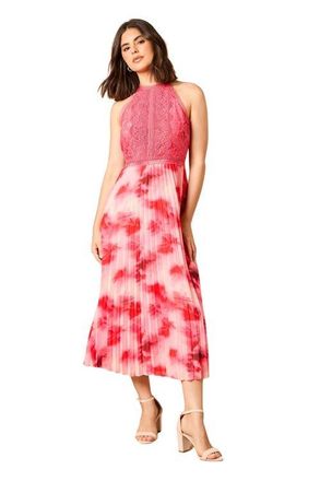 Oasis Printed Lace Mix Halterneck Midi Dress in Multi at Nordstrom, Size 10