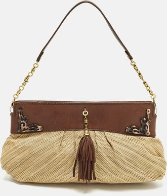 Cole Haan Tassel Brown/cream Fabric And Leather Shoulder Bag
