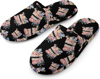 Generic Watercolor Tooth Bracelet Dentist Flannel Mens Slip-on Slippers Winter Warm House Shoes with Rubber Sole for Home Hotel