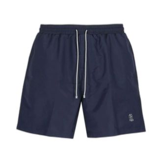Brunello Cucinelli Zwemshort met trekkoord - Heren - Badkleding - Blauw - Maat: S Zijde