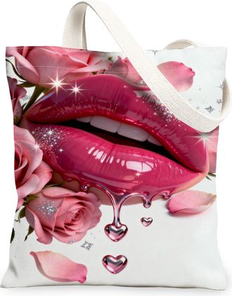 Generic Floral Canvas Tote Bags, Vintage Rose Design Reusable Grocery Bags, Elegant Lightweight Washable Shoulder Strap Canvas for, Peach, 13x15 Inch