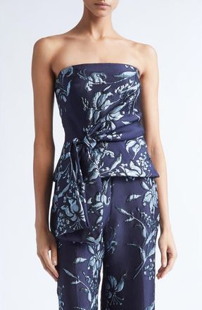 Lela Rose Metallic Floral Brocade Strapless Cascade Top in Navy at Nordstrom, Size 14