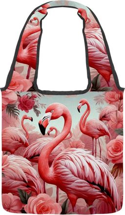 Generic Aesthetic Pink Flamingo Reversible Canvas Shoulder Tote - Double-Sided Print, 12oz Cotton, 27cm Drop, Fold-Flat Bag for Travel, Shopping, Street Outin
