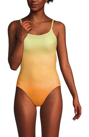 Lands End Chlorine Resistant Scoop Neck High Leg Tugless Tank Thin Strap One Piece Swimsuit Adjustable in Icy Mint/orange Ombre at Nordstrom, Size 12