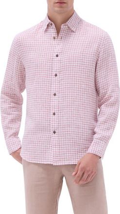Bugatchi Julian Check Slub Linen Button-Up Shirt in Brick at Nordstrom, Size Xxx-Large