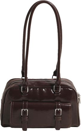 Generic Boston Tote Bag for Women with Multi-Pockets Bowling Bag PU Leather Solid Color Hobo Bag Zipper Handbag for Work Travel (Coffee)